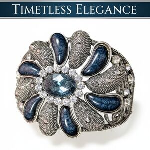 Vintage Silver Floral Cuff Bracelet Blue Cabochons